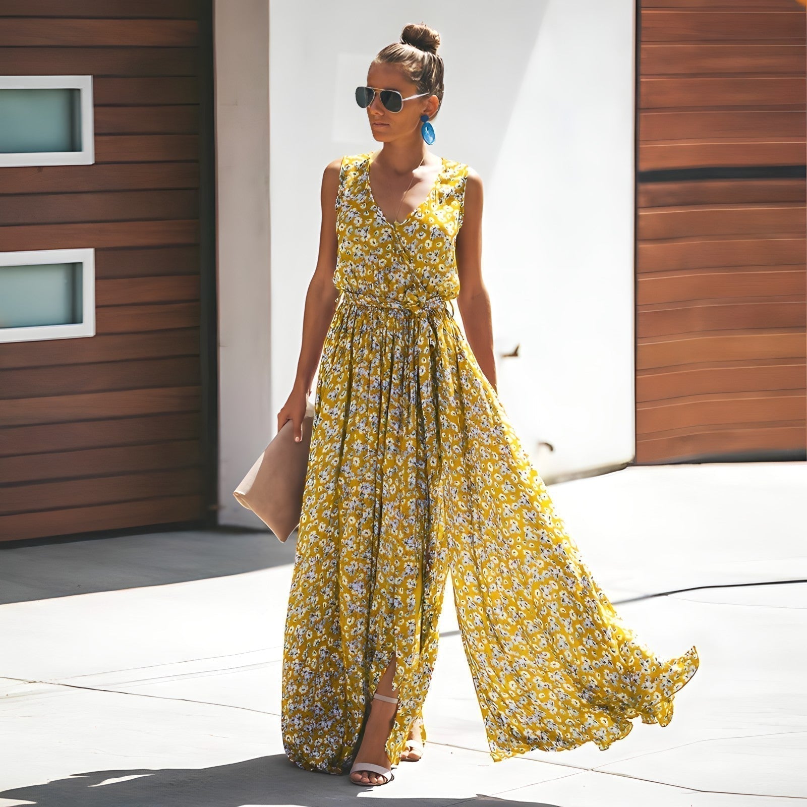 Floral Print V-Neck Wrap Sleeveless Belted Wide Leg Maxi Jumpsuit