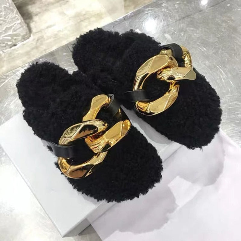 Furry Fur Metal Female Mules Flip Flops