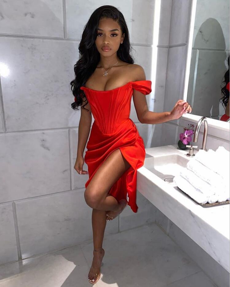 Satin Off Shoulder Sweetheart Corset High Split Bodycon Mini Dress
