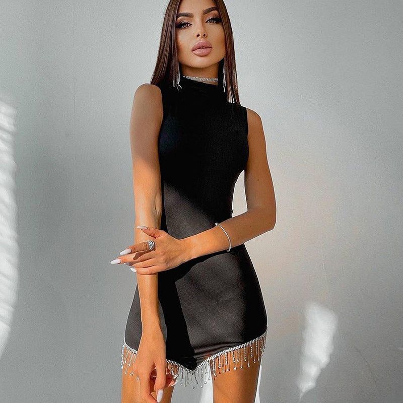 High Neck Sleeveless Rhinestone Fringe Bodycon Mini Dress