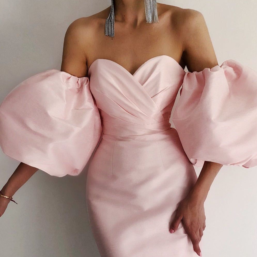 Smiley Puff Sleeve Satin Midi Dress - View 2