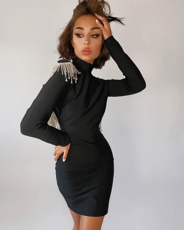 Mock Neck Long Sleeve Backless Rhinestone Fringe Bandage Mini Dress