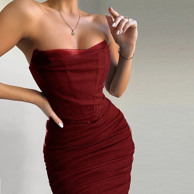 Mesh Strapless Corset Ruched Bodycon Mini Dress