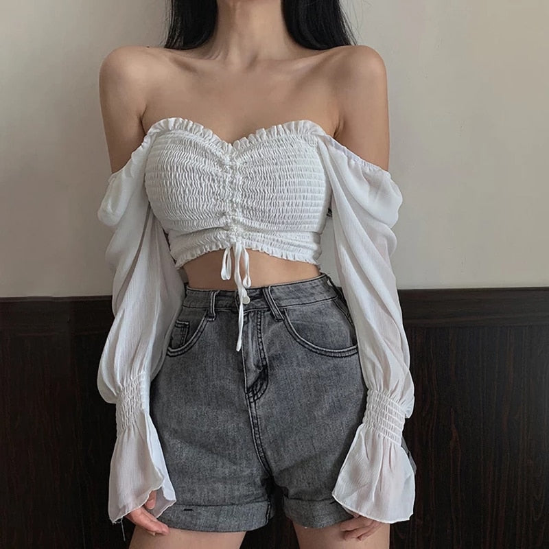 Elegant Fashion Puff Arm Chiffon Crop - Blouse Top