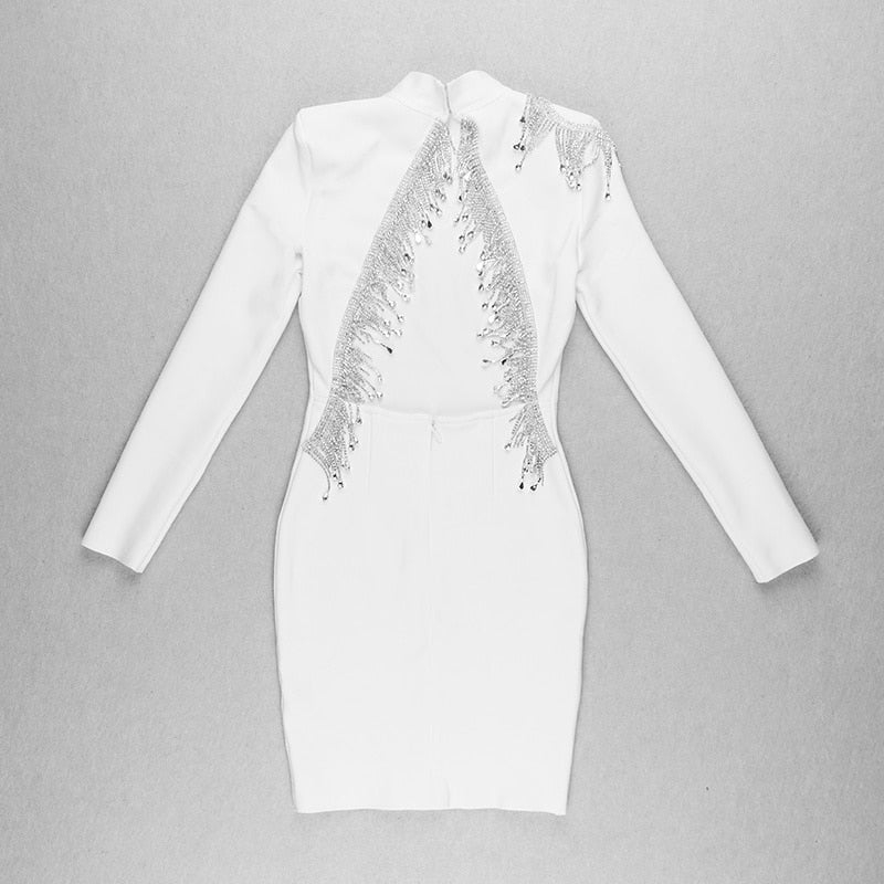 Mock Neck Long Sleeve Backless Rhinestone Fringe Bandage Mini Dress