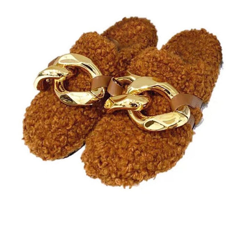 Furry Fur Metal Female Mules Flip Flops