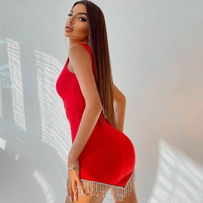 High Neck Sleeveless Rhinestone Fringe Bodycon Mini Dress
