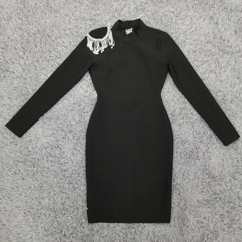 Mock Neck Long Sleeve Backless Rhinestone Fringe Bandage Mini Dress