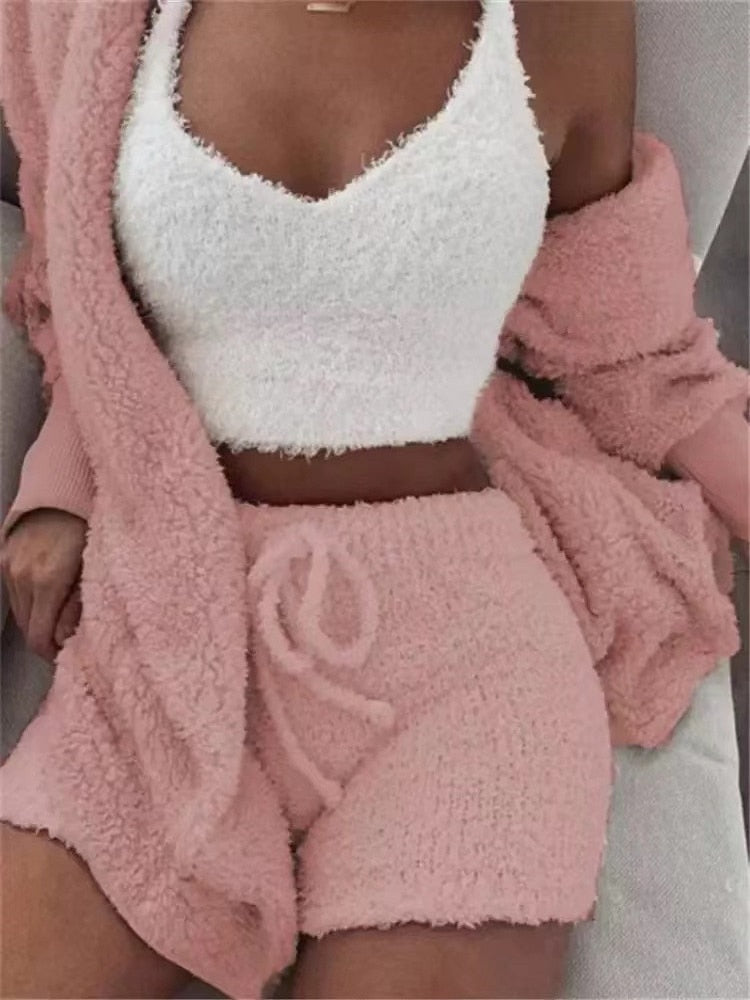 Fluffy Knit V-Neck Crop Cami Drawstring Shorts and Cardigan Three Piece Lounge Set 4