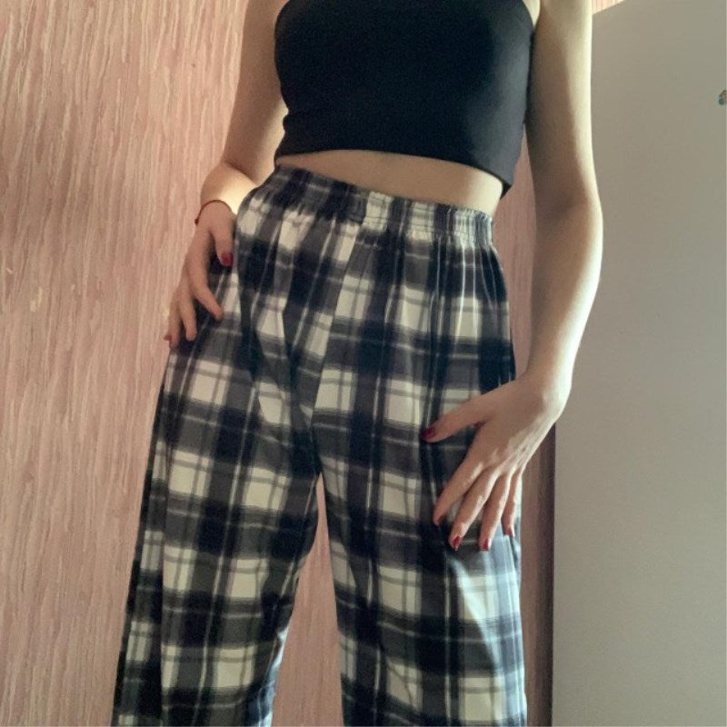 Mojoyce Fashion Wide Leg Pants Womens Hot Sale Summer Fall Chic High Waist Streetwear Vintage Plaid Pants Casual Female Trousers