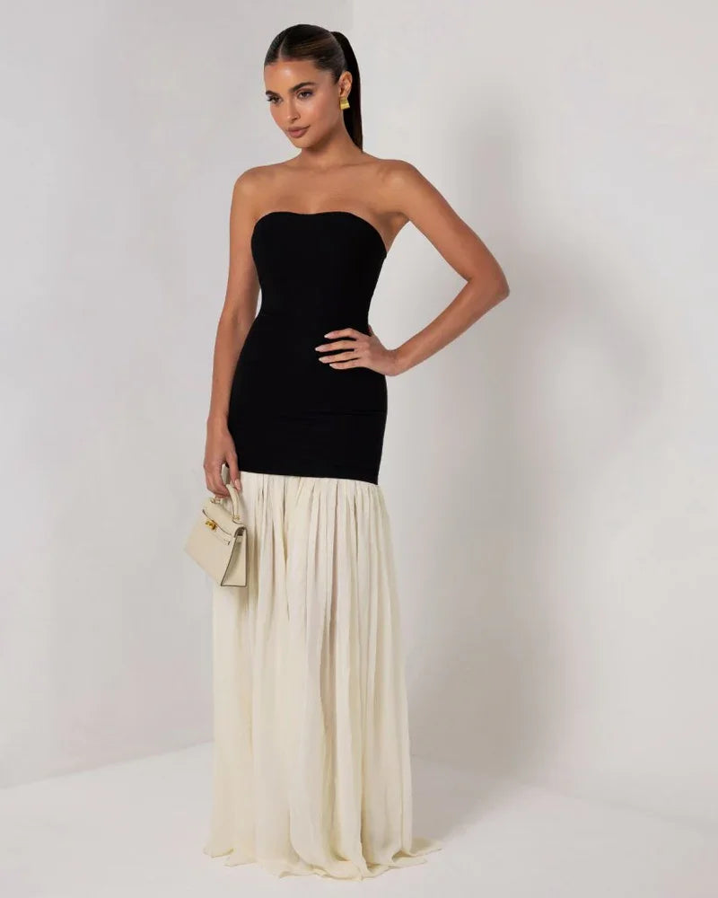 Sexy off-the-Shoulder Slim Fit Black and White Patchwork Pleated Skirt