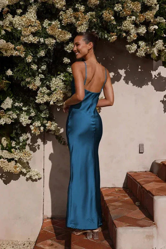 Satin Spaghetti Strap Cowl Neck Bias Cut Slip Midi Dress