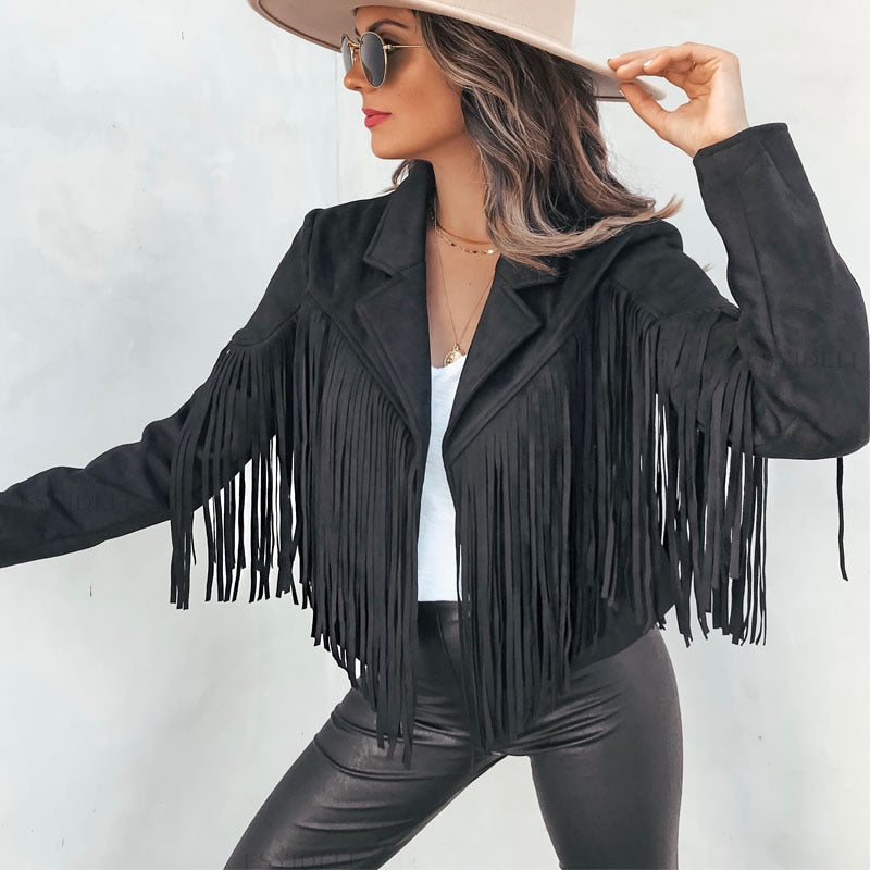 Fringe Lapel Cropped Suede Jacket