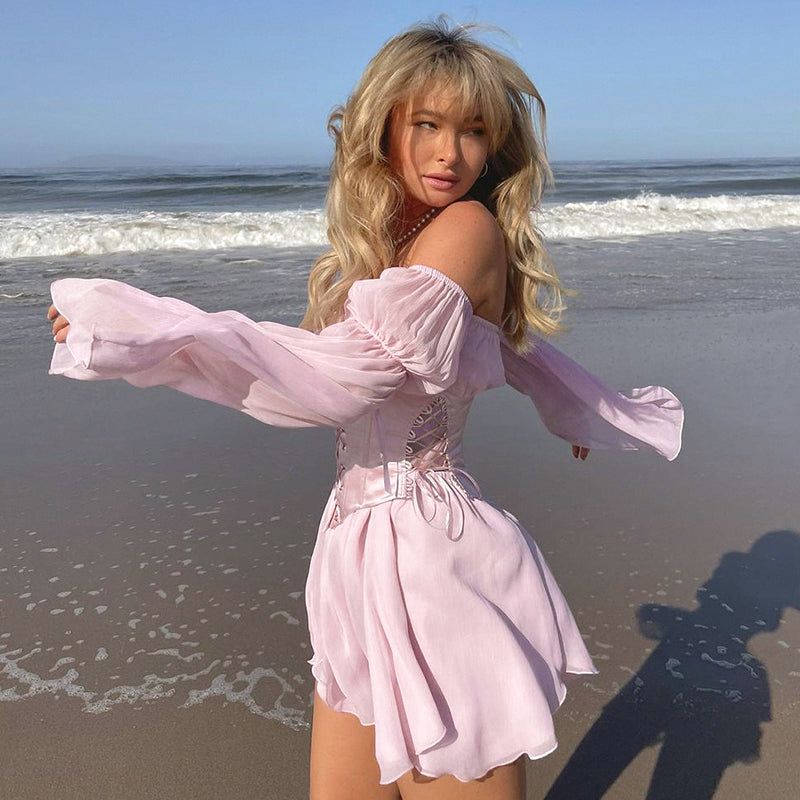 Floral Print Off Shoulder Puff Sleeve Lace Up Corset Mini Dress
