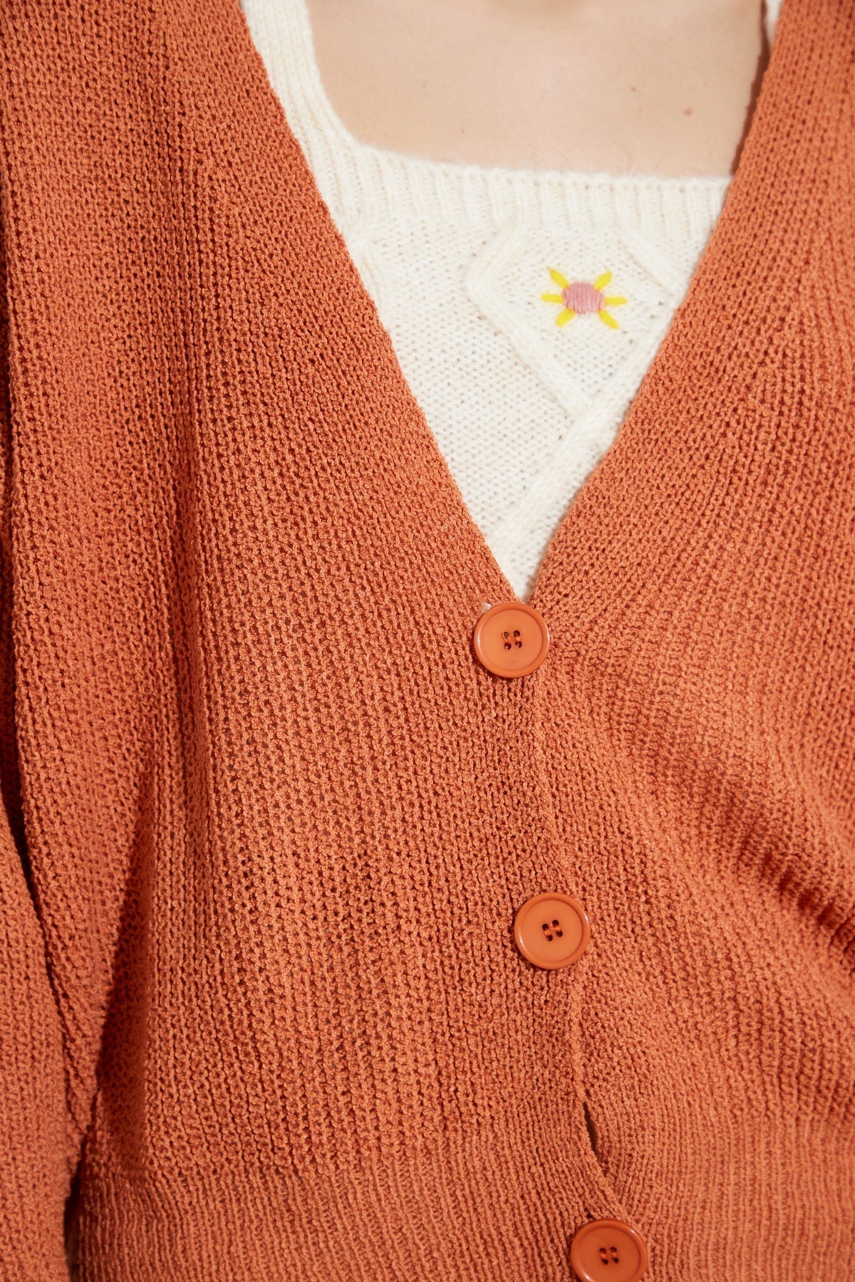 V-Neck Button Front Long Sleeve Open Knit Cropped Cardigan 10