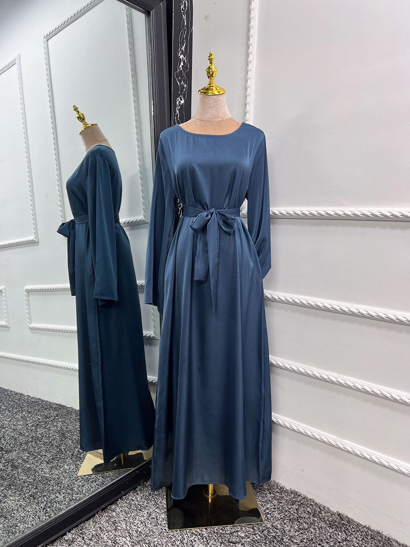 Satin Crew Neck Bell Sleeve Sash Tie A-Line Maxi Gown