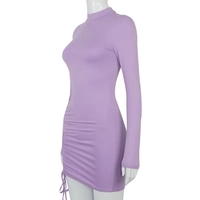 Mock Neck Long Sleeve Ruched Drawstring Side Bodycon Mini Dress