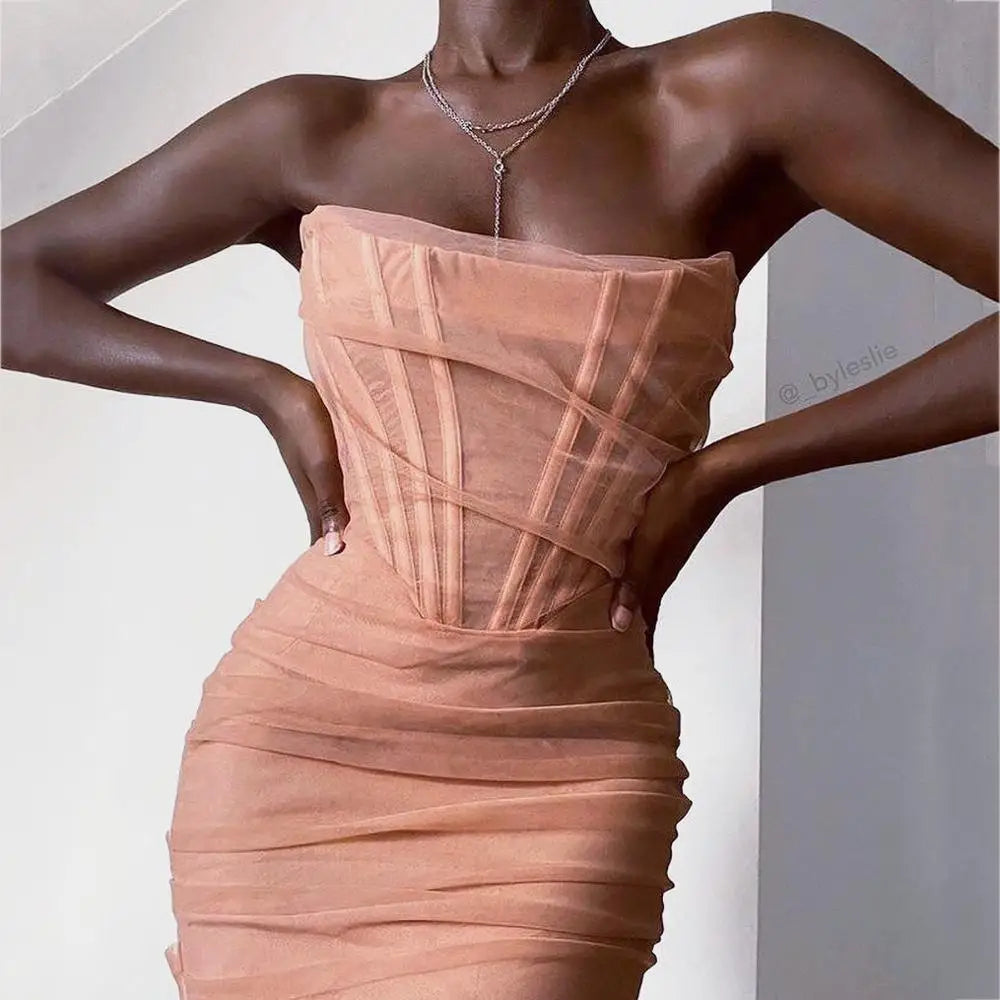 Mesh Strapless Corset Ruched Bodycon Mini Dress