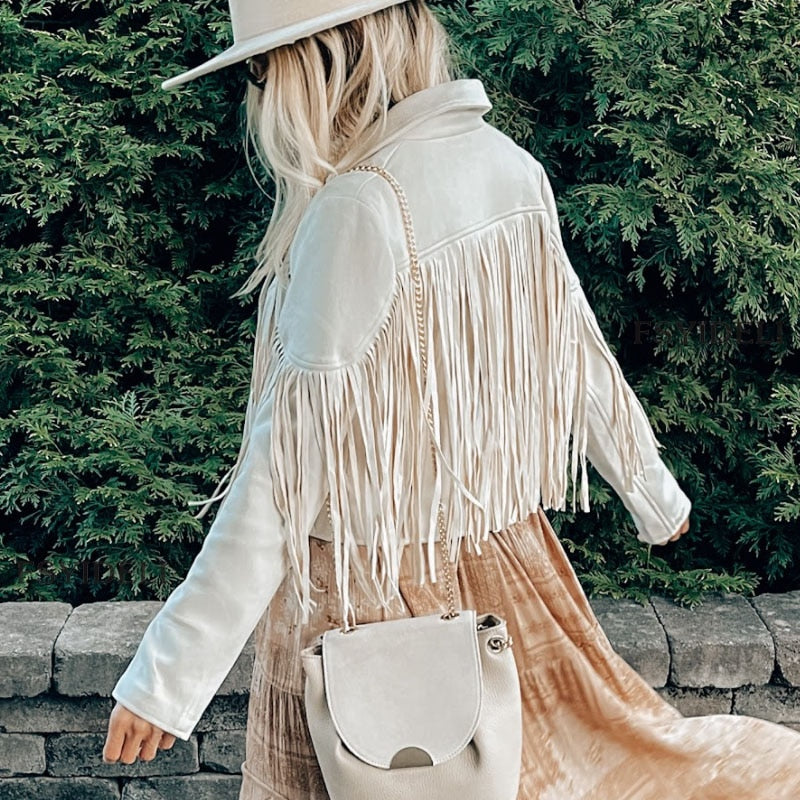 Fringe Lapel Cropped Suede Jacket