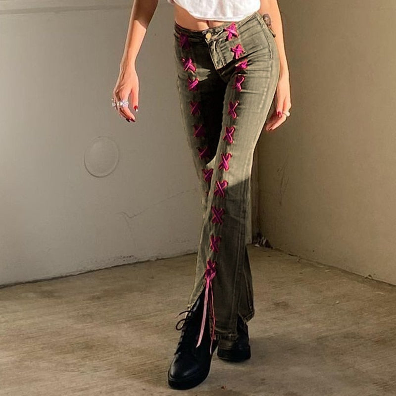 Mojoyce Vintage Fashion Skinny Lace Up Y2K Low Rise Jeans Female Streetwear Bandage Split Flared Jeans Denim Pants Aesthetic