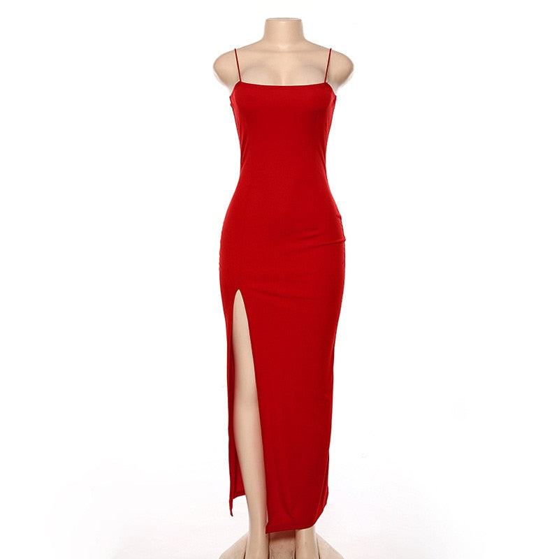 Spaghetti Strap Square Neck Princess Seam Bodycon High Split Maxi Dress