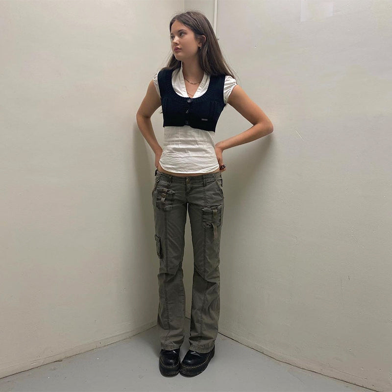 Mojoyce Retro Grunge Cargo Denim Jeans Streetwear Korean Vintage 90s Low Waist Trousers Aesthetic 90s Straight Pants Cuteandpsycho