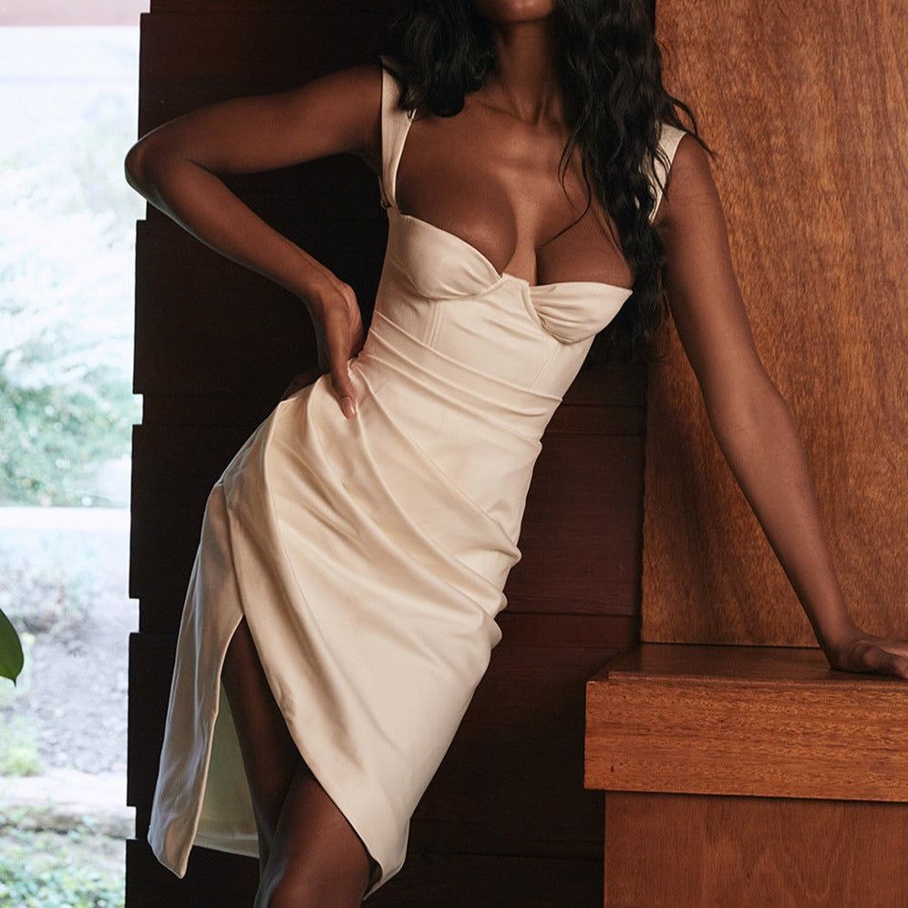 Mia Ruched Slit Thick Strap Satin Dress - View 2