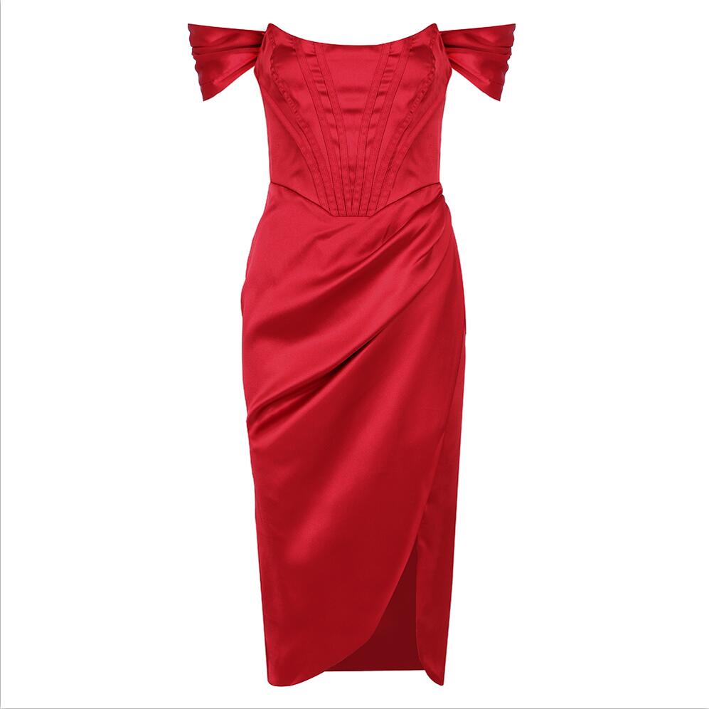 Satin Off Shoulder Sweetheart Corset High Split Bodycon Mini Dress
