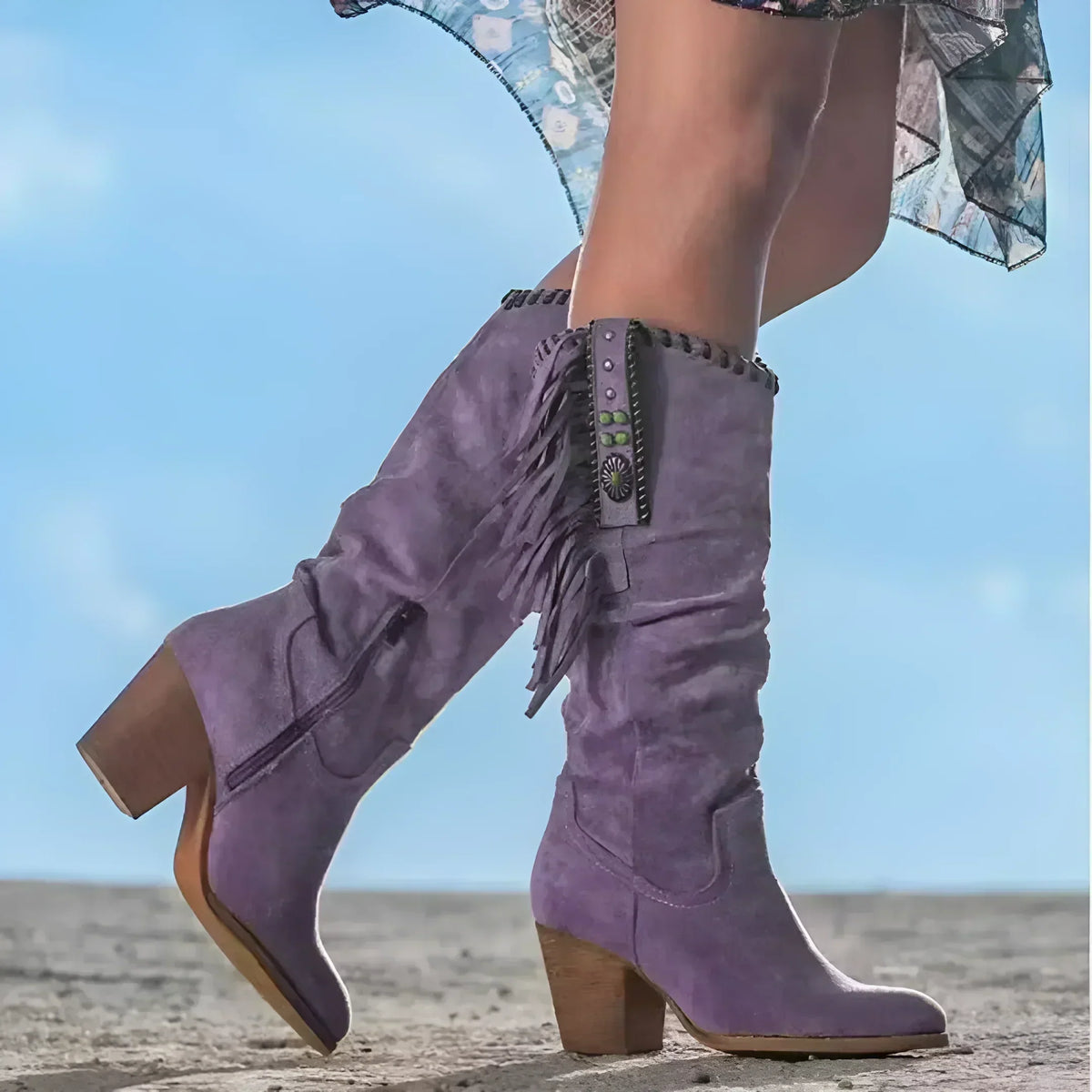 Fringe Trim Suede Look Block Heel Knee High Western Boots