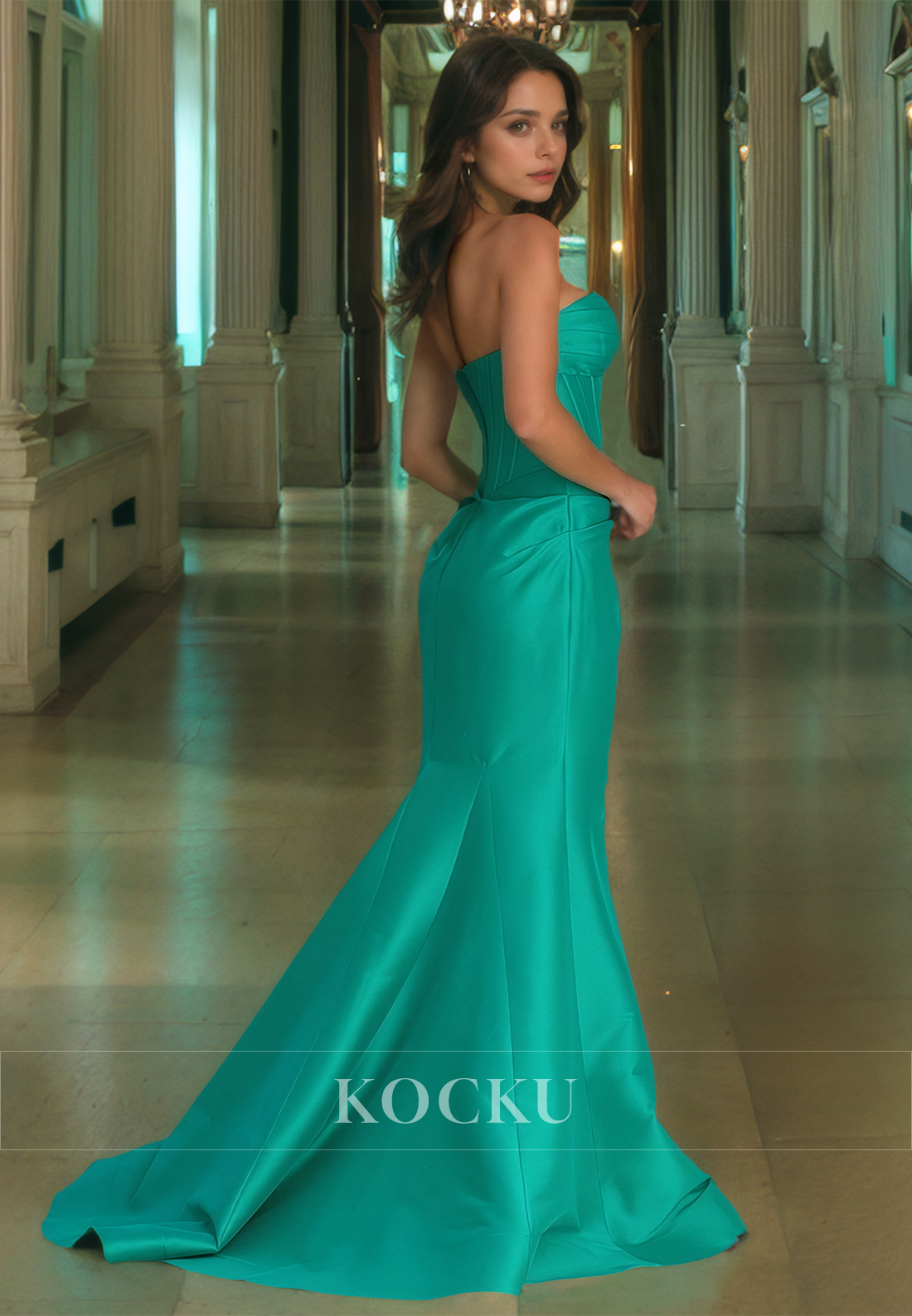 Sweetheart Sleeveless Satin Stripe Mermaid Pleated Long Prom Formal Dress with Train