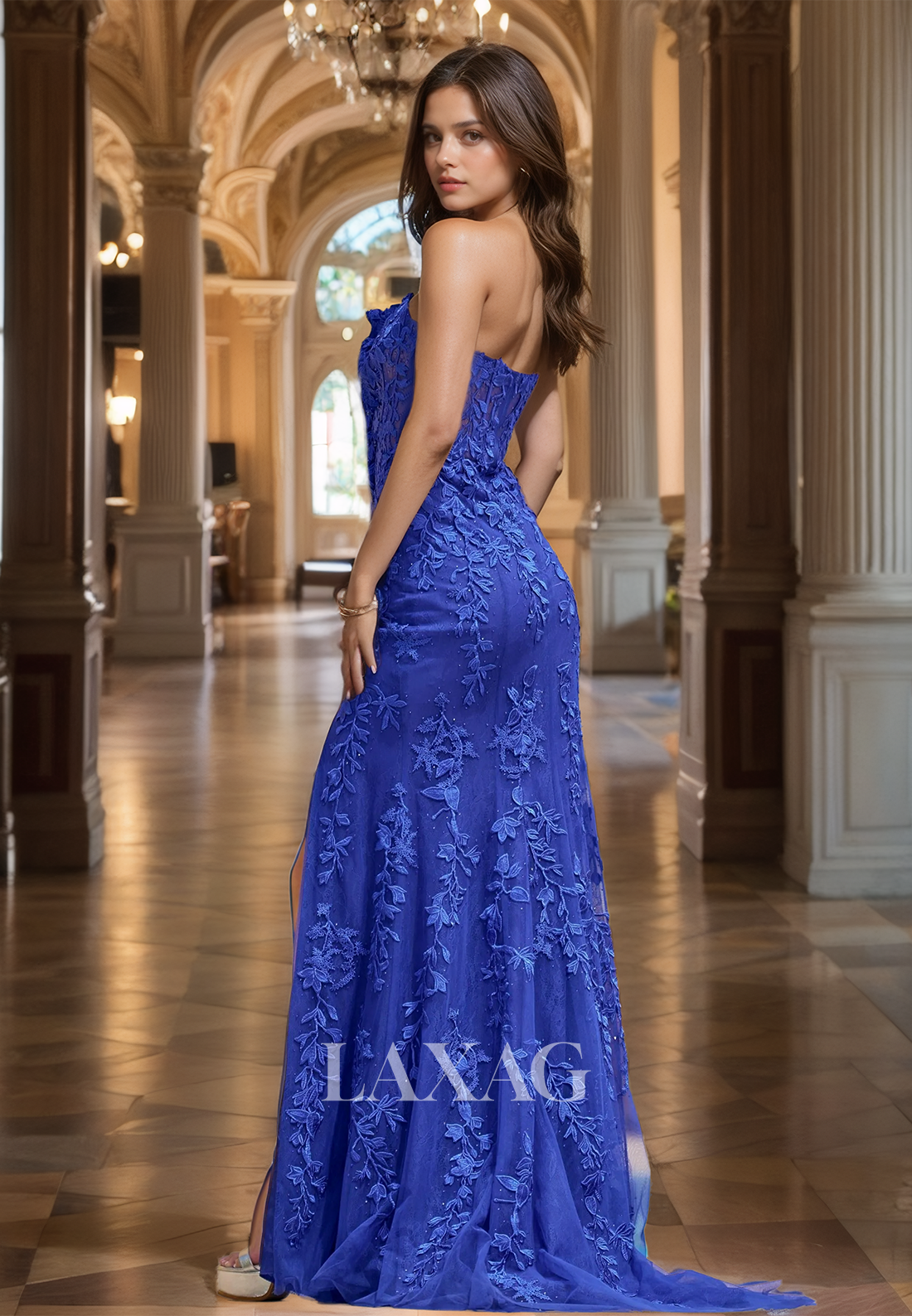 Tube Top Lace Applique Pleated Mermaid Prom Dress Off-Shoulder Sleeveless Beaded Formal Gowns