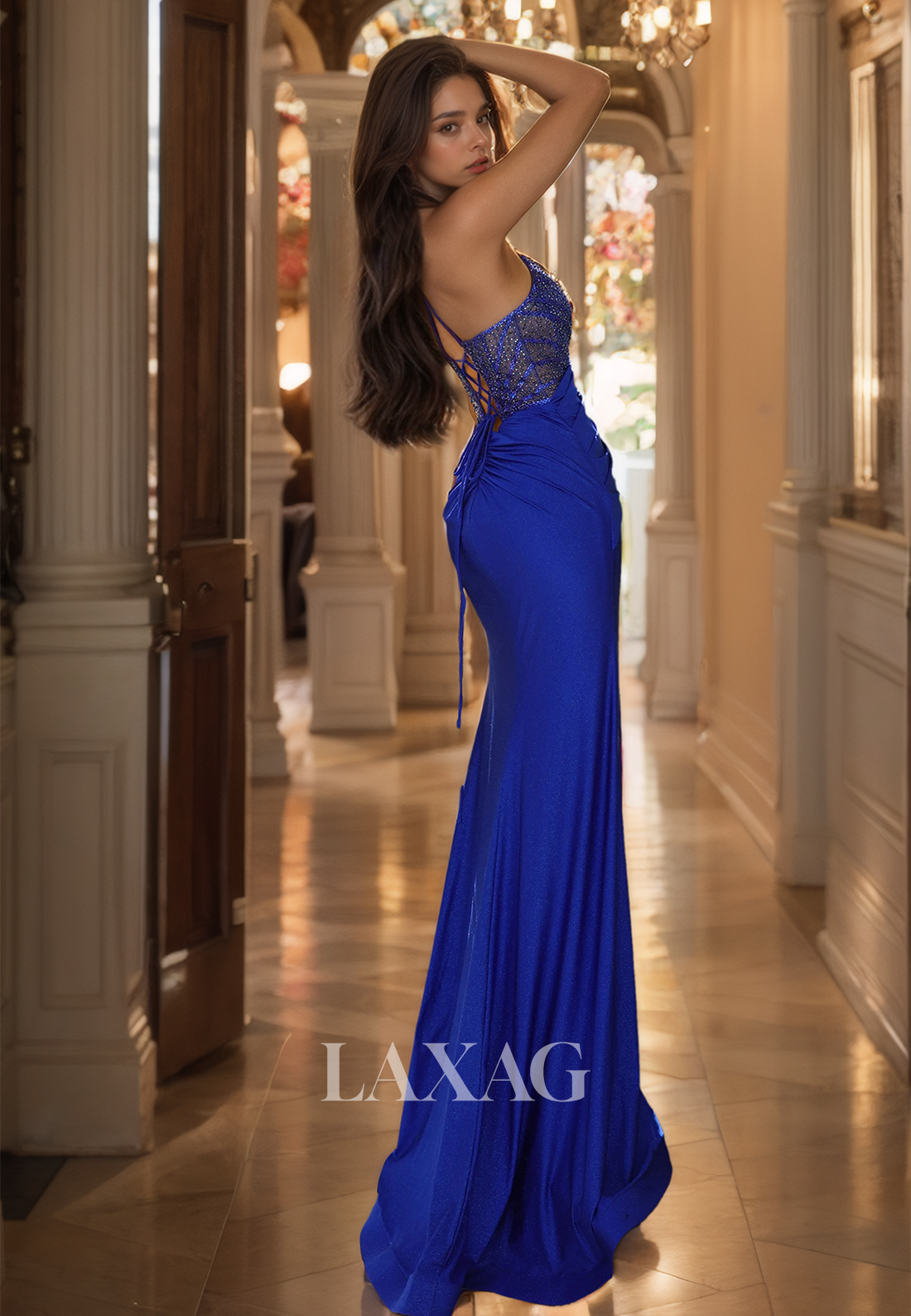 V-Neck Spaghetti Straps Off-Shoulder Mermaid Prom Dress Sleeveless Pleated Beaded Formal Gowns with Slit