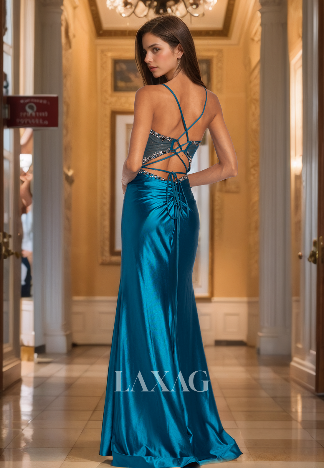 V-Neck Spaghetti Straps Sleeveless Mermaid Prom Dress Beaded Applique Pleated Formal Gowns
