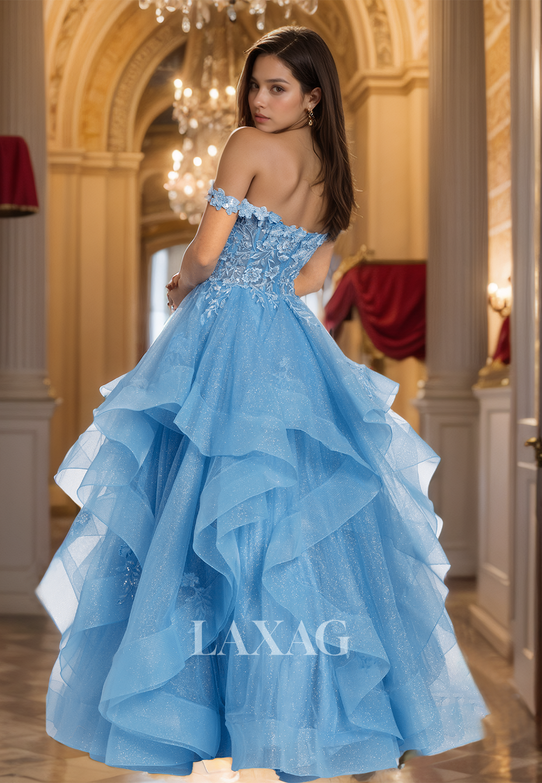 A-Line Sweetheart Off-Shoulder Sleeveless Pleated Beaded Applique Glitter-Knit Tiered Prom Dress
