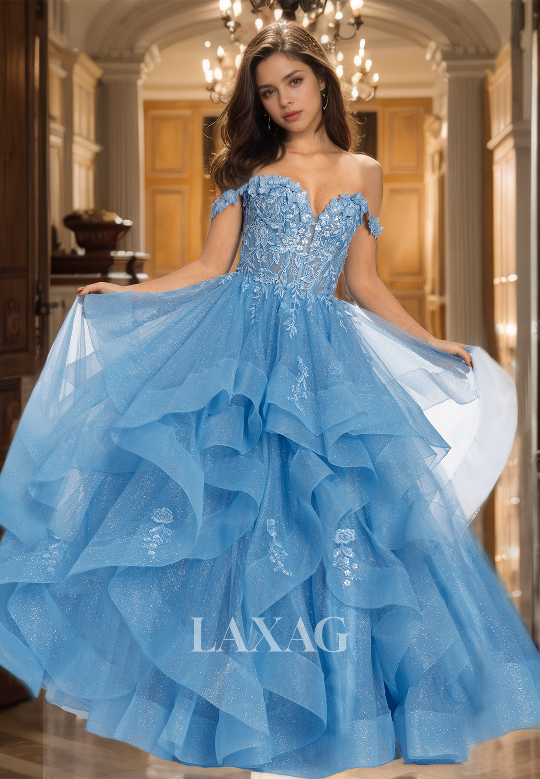 A-Line Sweetheart Off-Shoulder Sleeveless Pleated Beaded Applique Glitter-Knit Tiered Prom Dress
