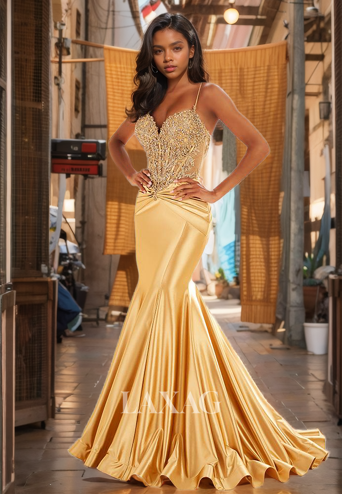 Applique Beaded Pleated Sweep Train Mermaid Prom Dress Sweetheart Spaghetti Straps Formal Gowns