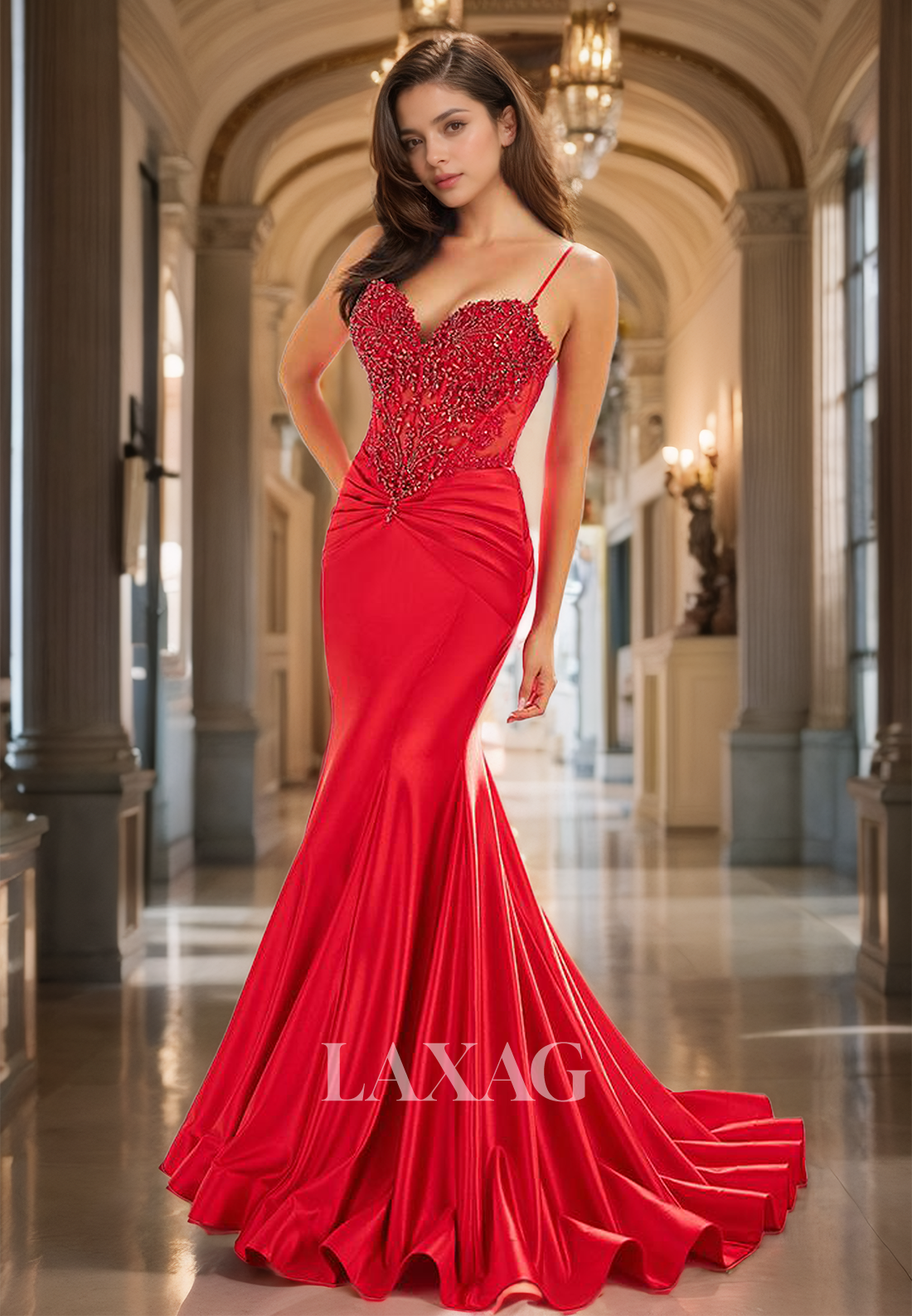 Applique Beaded Pleated Sweep Train Mermaid Prom Dress Sweetheart Spaghetti Straps Formal Gowns