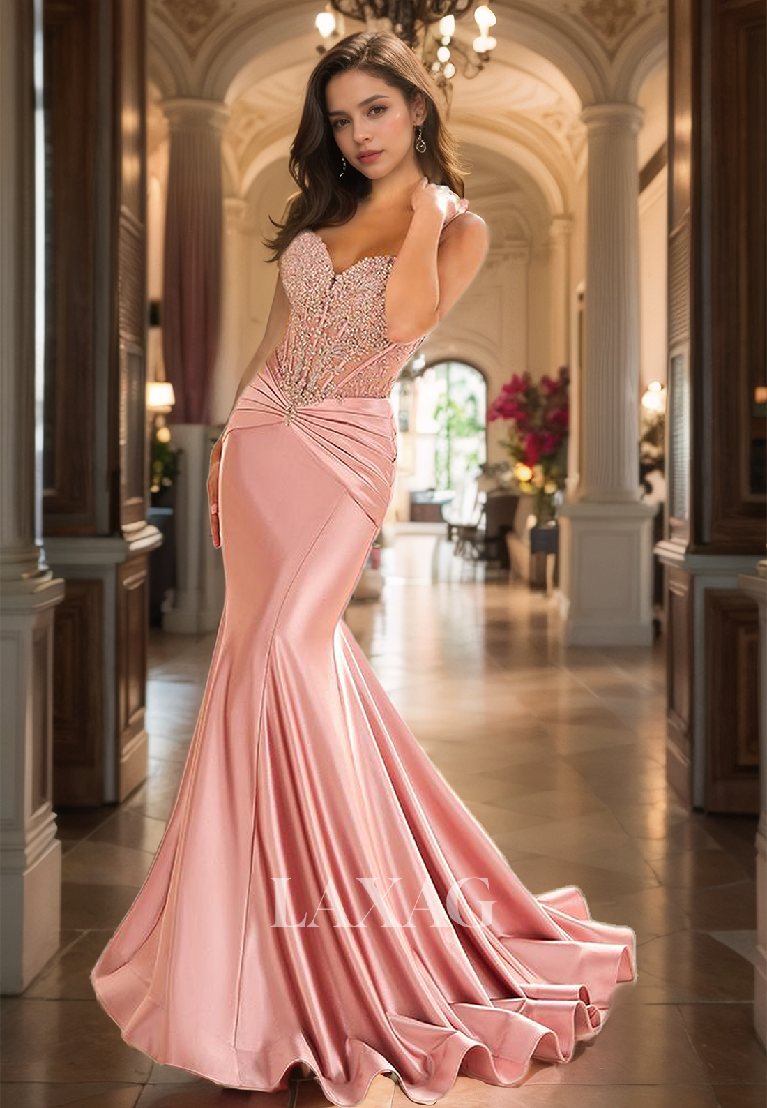 Applique Beaded Pleated Sweep Train Mermaid Prom Dress Sweetheart Spaghetti Straps Formal Gowns