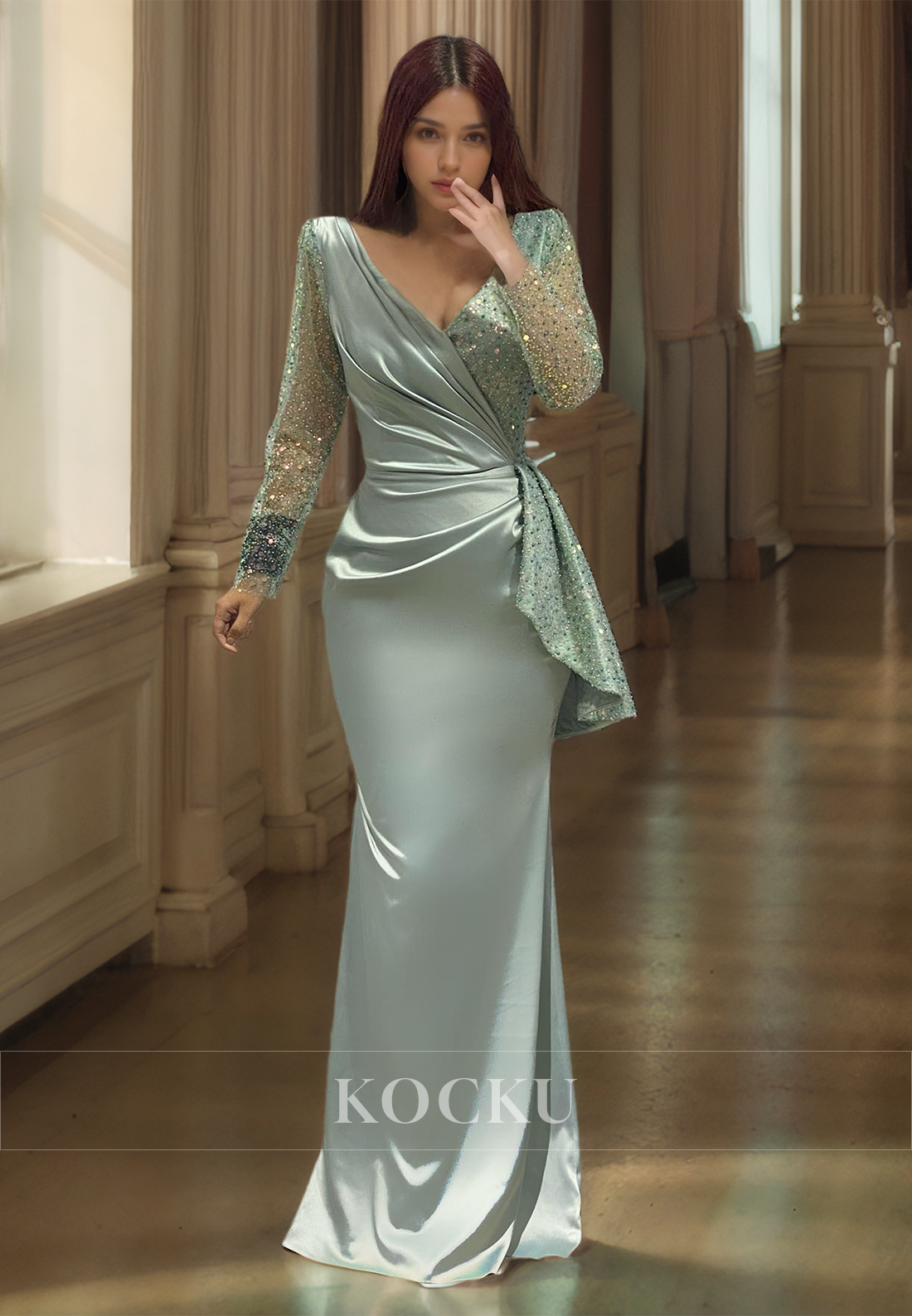 Long Sleeves V-Neck Mermaid Floor-Length Pleated Satin Prom Dress Evening Dress with Beads