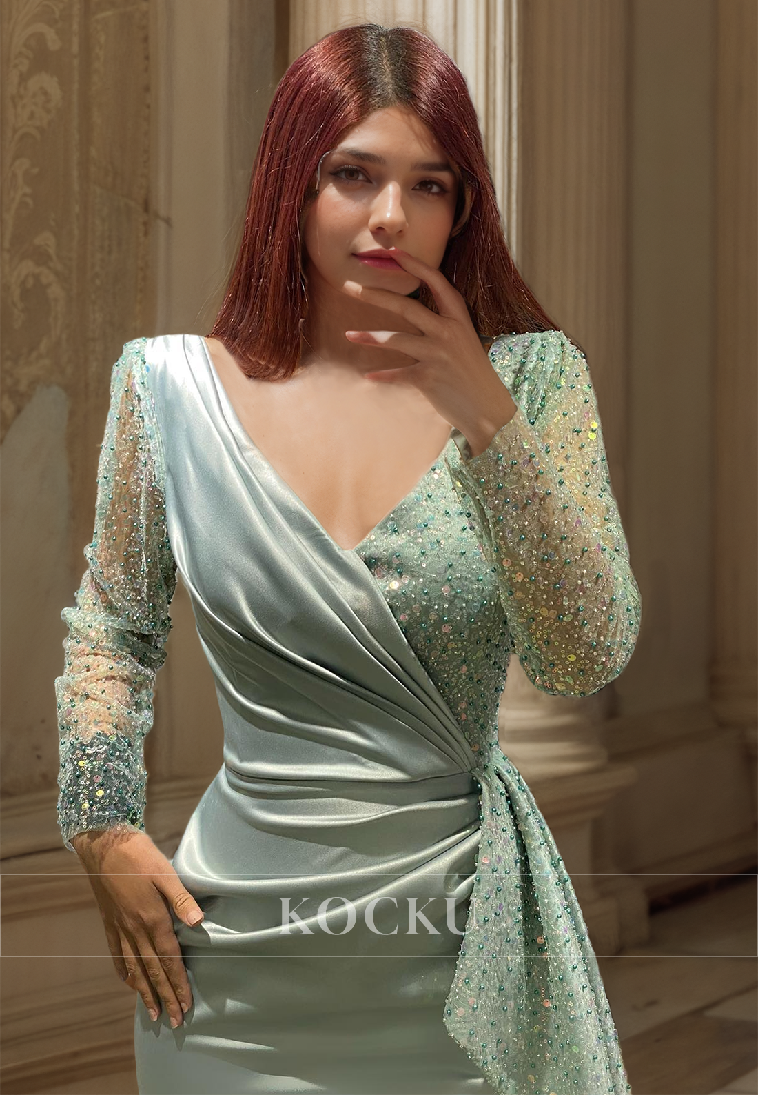 Long Sleeves V-Neck Mermaid Floor-Length Pleated Satin Prom Dress Evening Dress with Beads