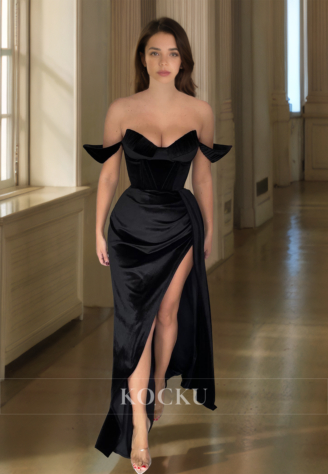 Off-Shoulder Sweetheart Sheath High Split Floor-Length Pleats Satin Prom Dress Formal Gown