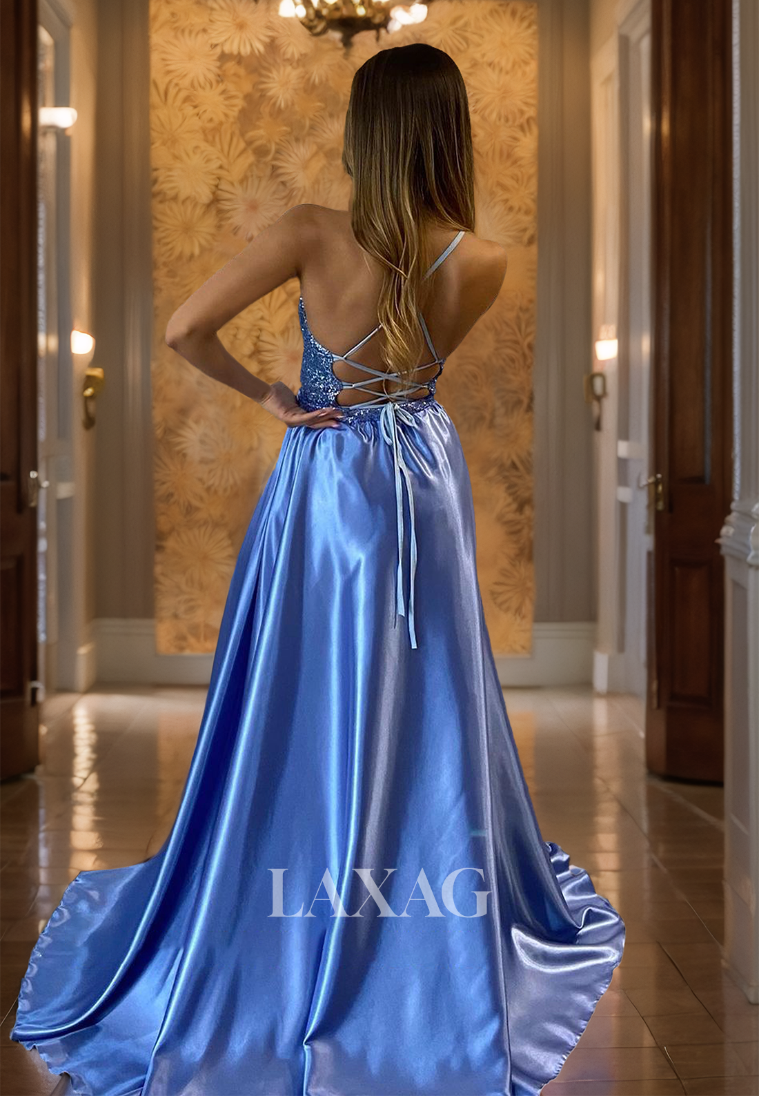 Deep V-Neck Spaghetti Straps Sleeveless Formal Gowns Sequined Pleated Satin A-Line Prom Dress