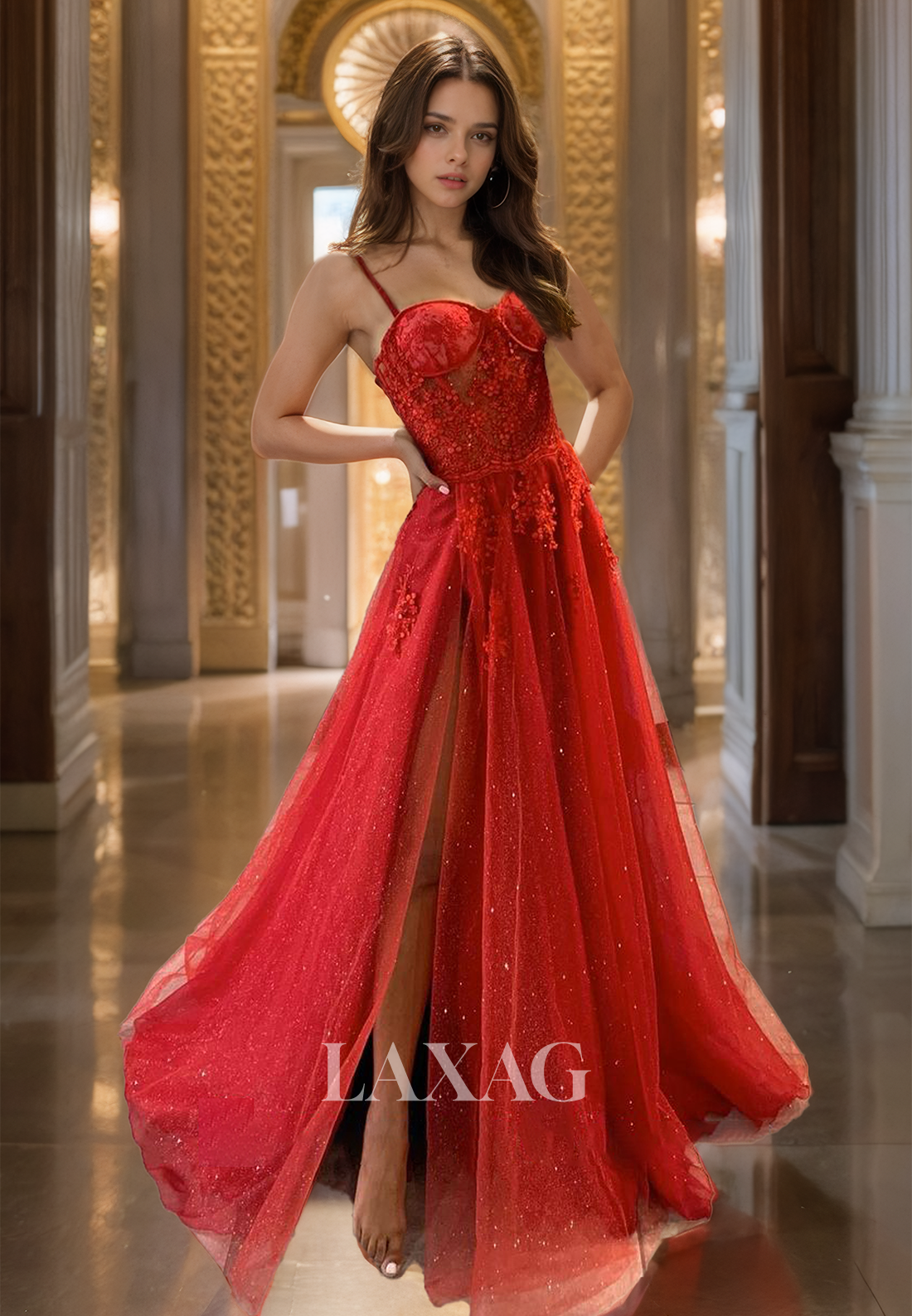 Spaghetti Straps Sweetheart Sleeveless A-Line Prom Dress Beaded Applique Glitter-Knit Party Gowns