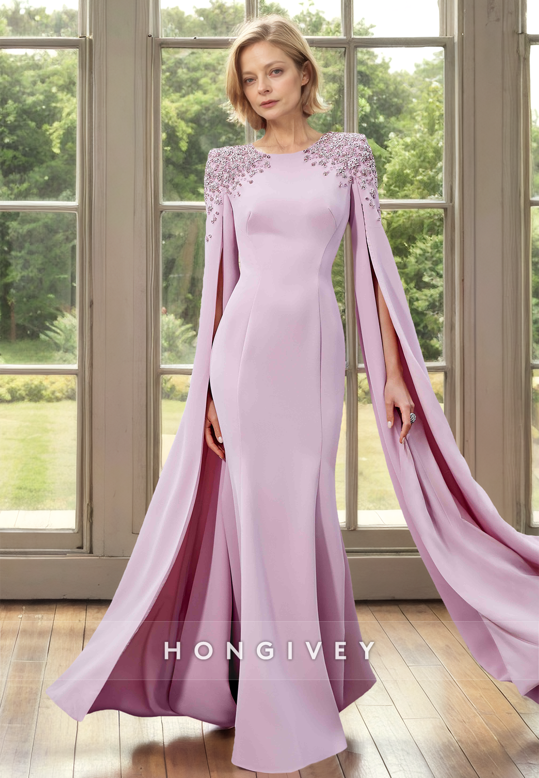 HONGIVEY Cap Sleeves Mermaid Mother of the Bride Dress Elegant Wedding Guest Gown
