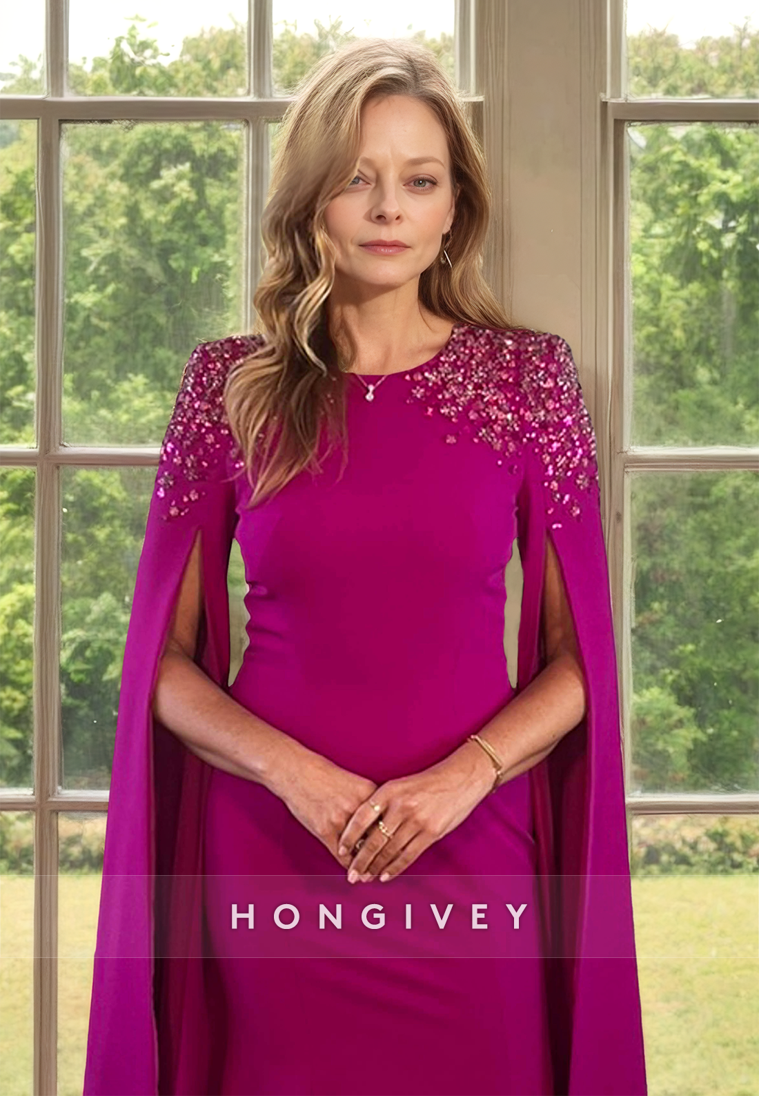 HONGIVEY Cap Sleeves Mermaid Mother of the Bride Dress Elegant Wedding Guest Gown