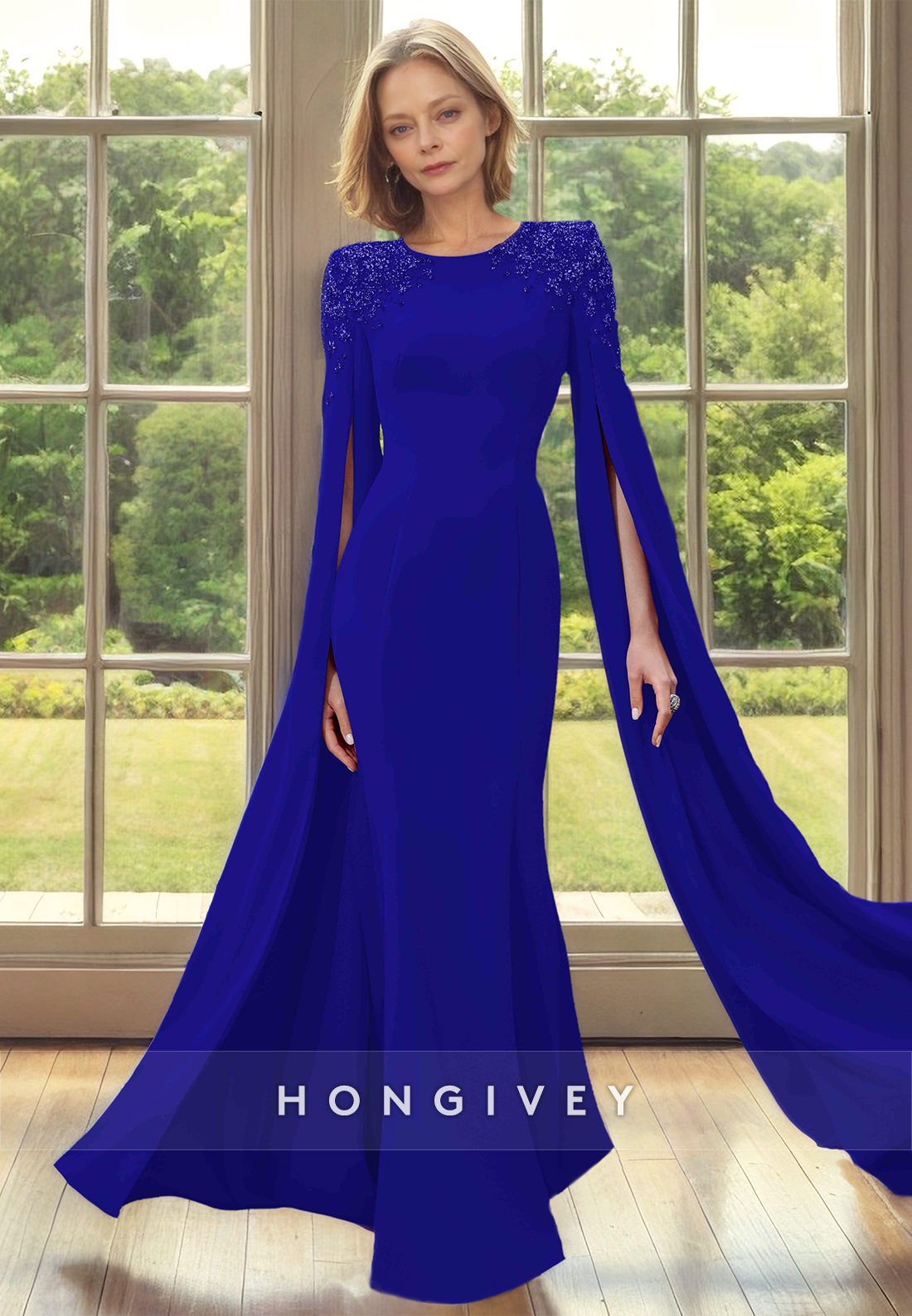 HONGIVEY Cap Sleeves Mermaid Mother of the Bride Dress Elegant Wedding Guest Gown
