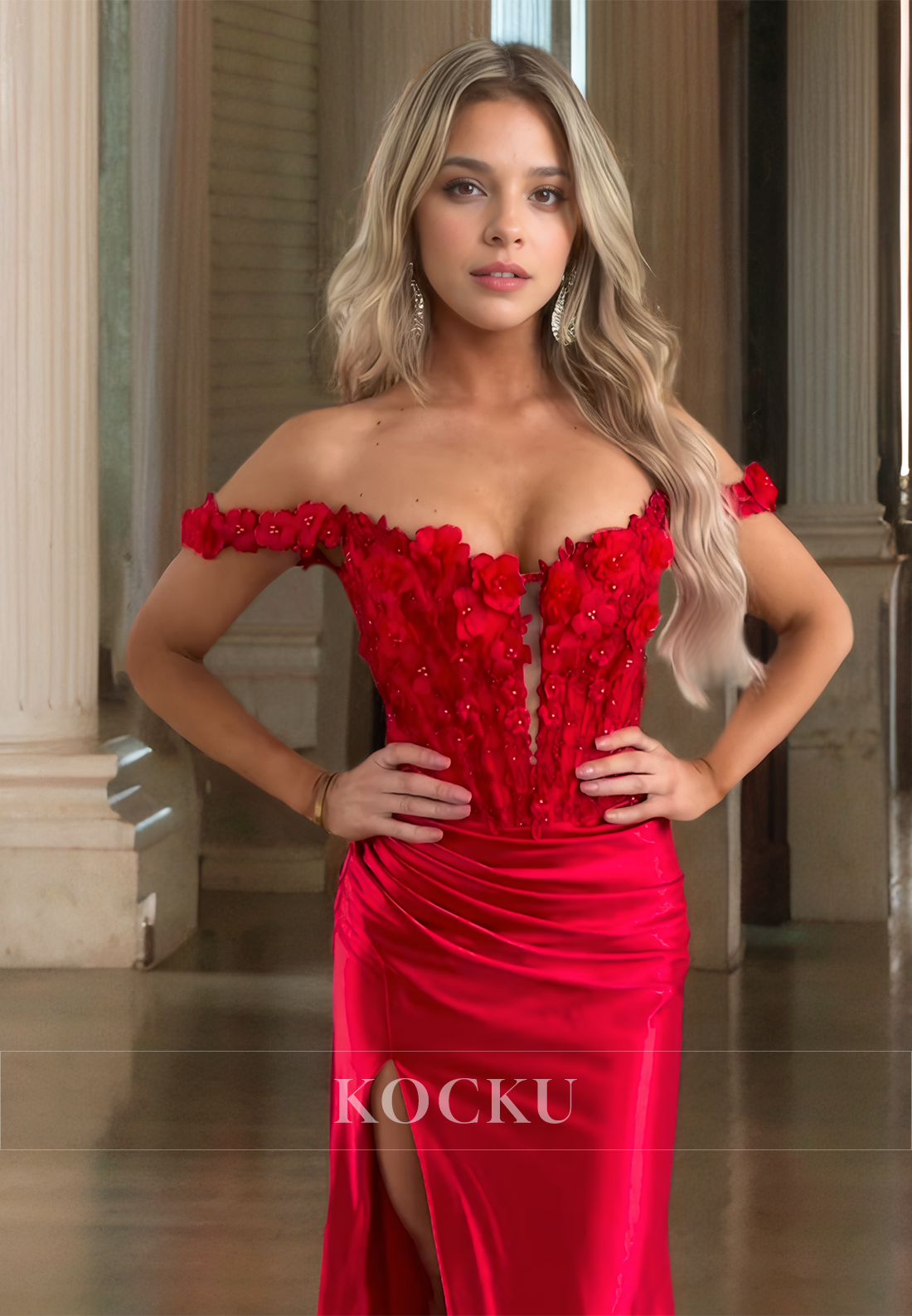 Off-Shoulder Sleeveless Sheath High Slit Floral Beaded Satin Prom Dress with Train Party Gown