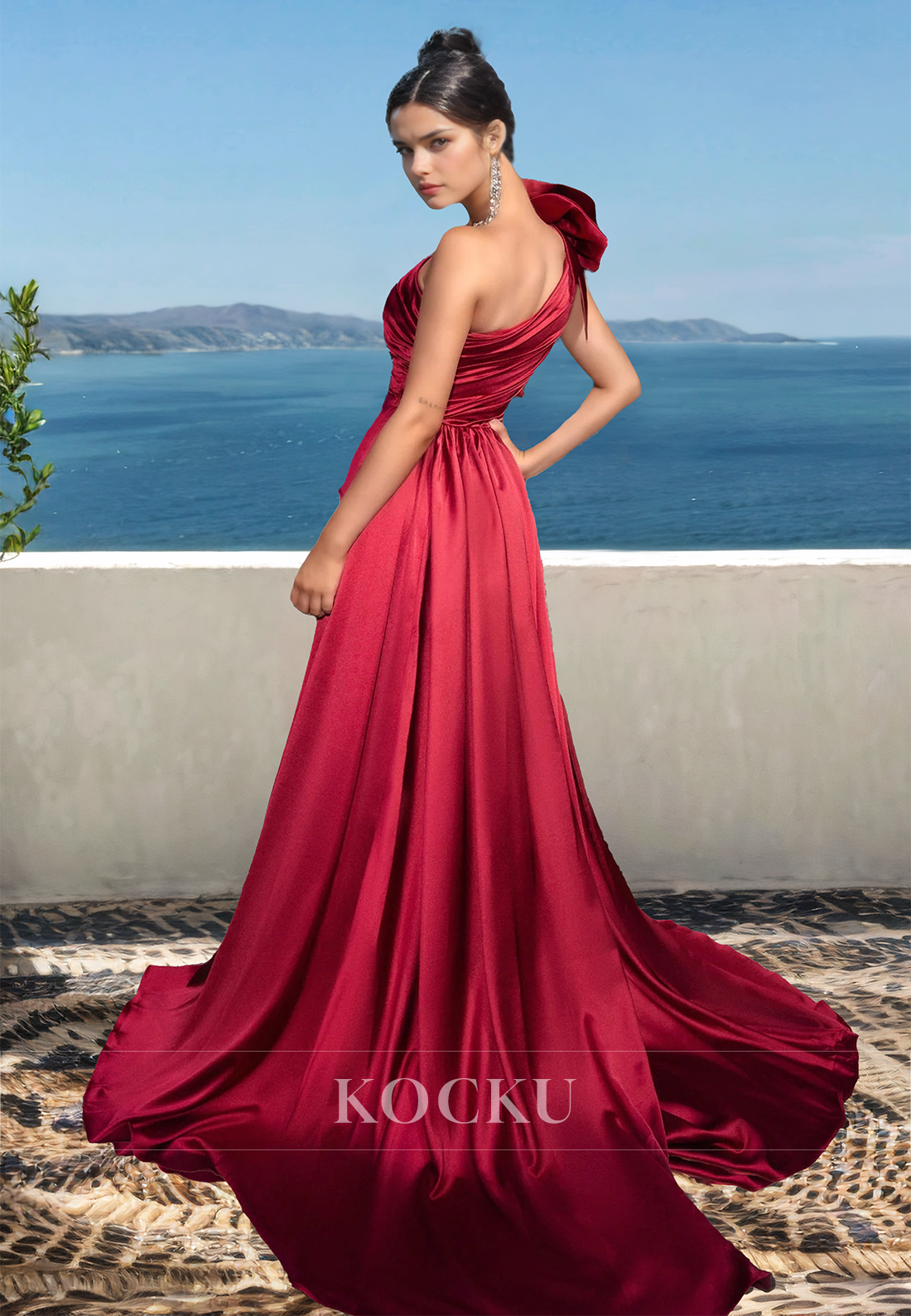 One Shoulder Sleeveless High Split Train Pleated Sheath Satin Prom Formal Gowns with Floral