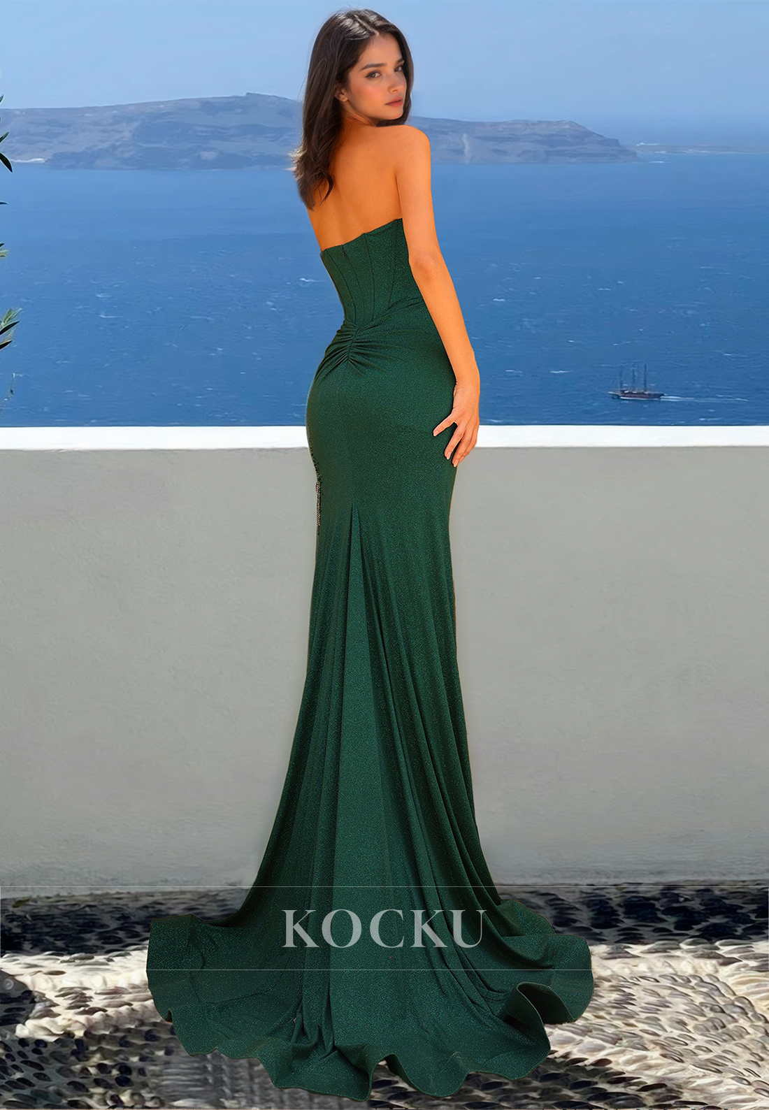 Beaded Sweetheart Prom Dress Sleeveless High Slit Pleats Evening Dress with Train