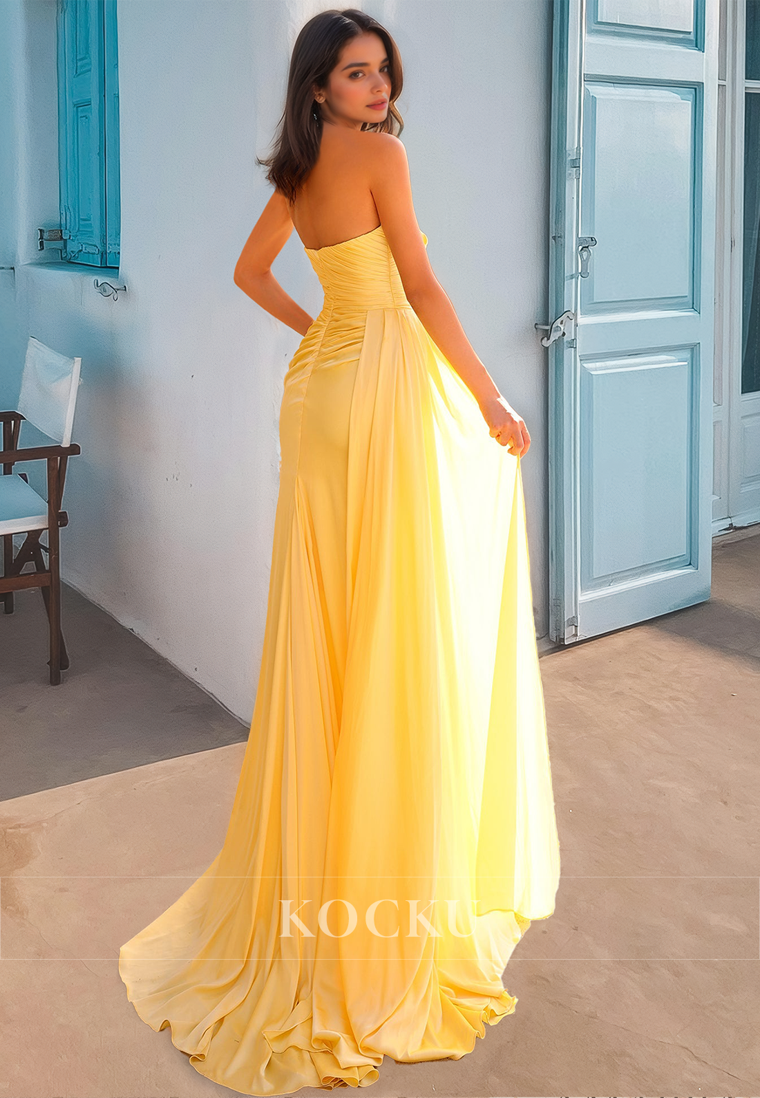 Tube Top Sheath Prom Dress Sleeveless Sweep Train Ruched Long Formal Gowns with Slit